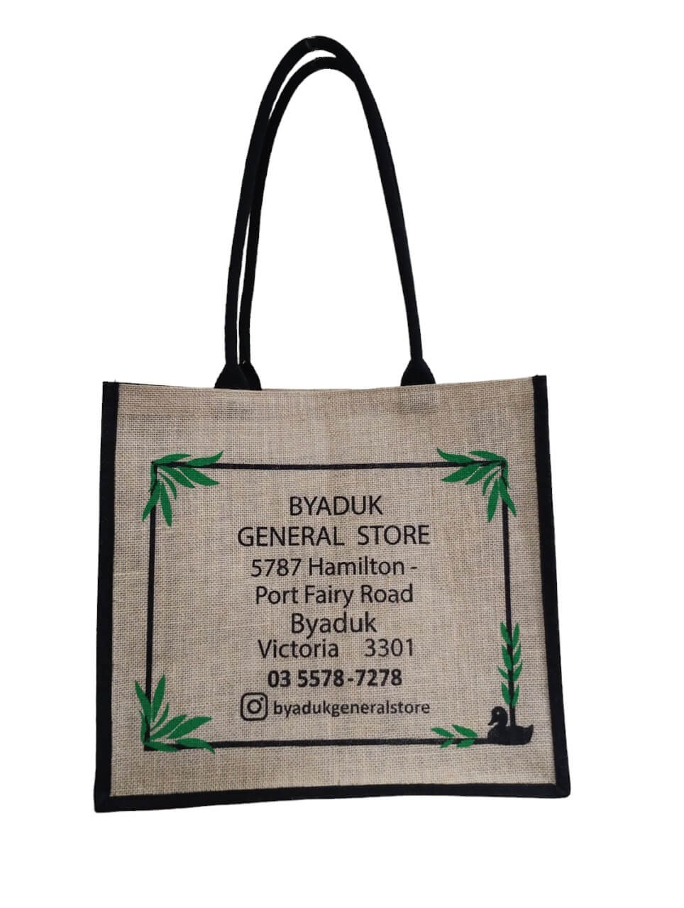 Natural Jute Custom Branded Shopping Bag With Black Edging And Long Round Handle